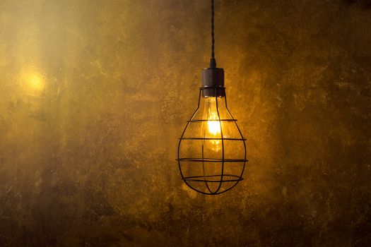 Decorative antique edison style light bulbs against brick wall background.