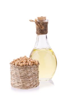 soybeans in basket  and oil isolated on white background.