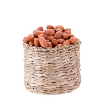 Peanuts in basket isolated on white background.
