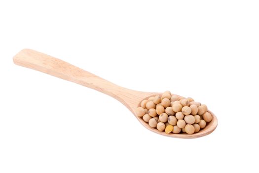 soybeans with wooden spoon isolated on white background.