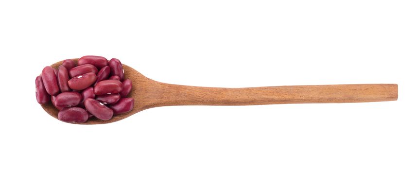 Red bean in a wooden spoon isolated on a white background.