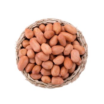 Peanuts in basket isolated on white background.