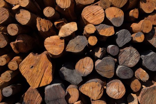 Firewood stacked and prepared for winter Pile of wood logs.