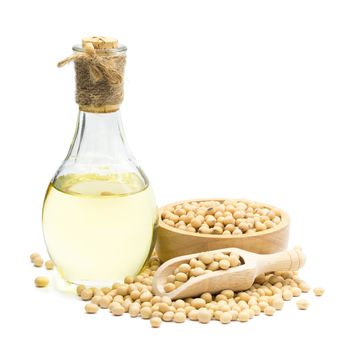 Soybean and Soybean oil bottle isolated on white background.