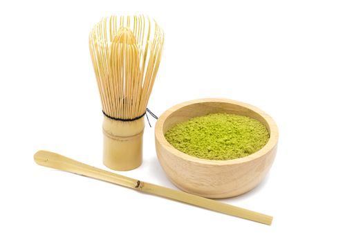 Organic Green Matcha Tea ceremony isolated on white background.