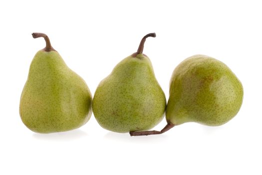 Close up of fresh green pears over white background.