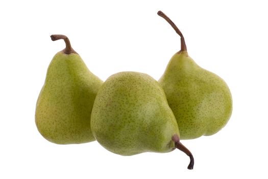 Close up of fresh green pears over white background.