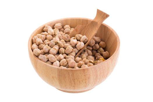 Garbenzo beans on a wooden bowl isolated on a white background.