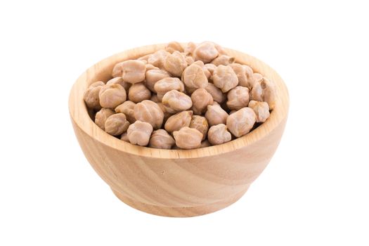 Garbenzo beans on a wooden bowl isolated on a white background.