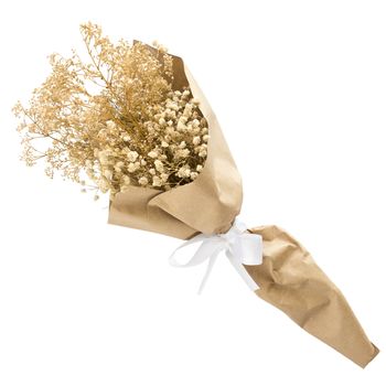 Bouquet of dried flowers wrapped paper on a white background.