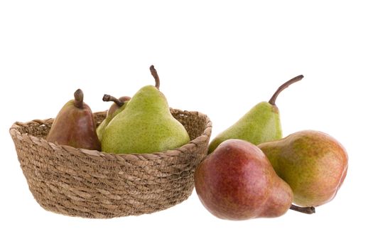 Ripe green and red pears isolated on a white background.