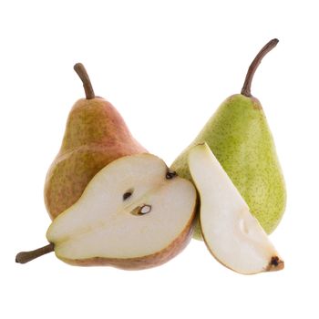 Ripe green and red pears isolated on a white background.