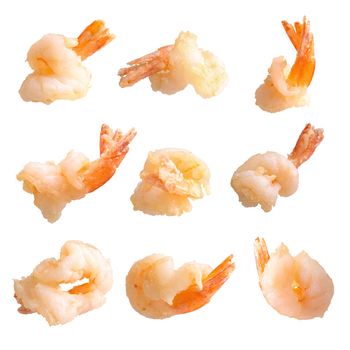 close up of deep-fried shrimps on white background.