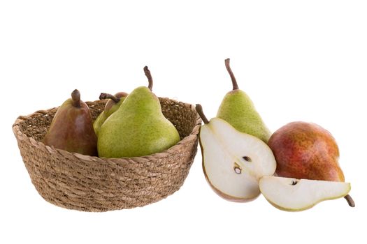 Ripe green and red pears isolated on a white background.