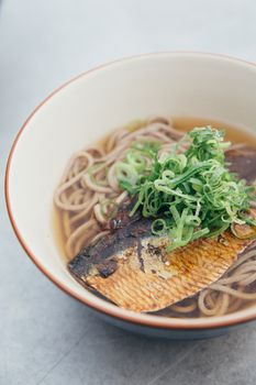 Soba noodles soup with Mackerel or Saba in Japanese on film vintage style japanese food