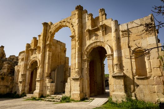 South Gate at historical Roman ruin site of Gerasa, Jerash, Jordan. Travel and tourism in Jordan