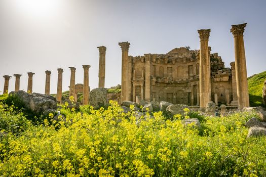 View on the Roman ruins of Nymphaeum at Gerasa, Jerash, Jordan. Travel and tourism in Jordan