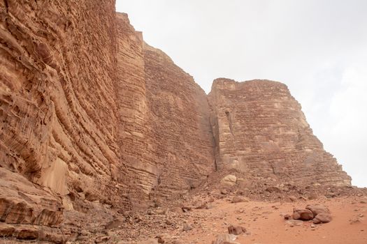 View on the Khazali mountain in Wadi Rum. Travel and tourism in Jordan.