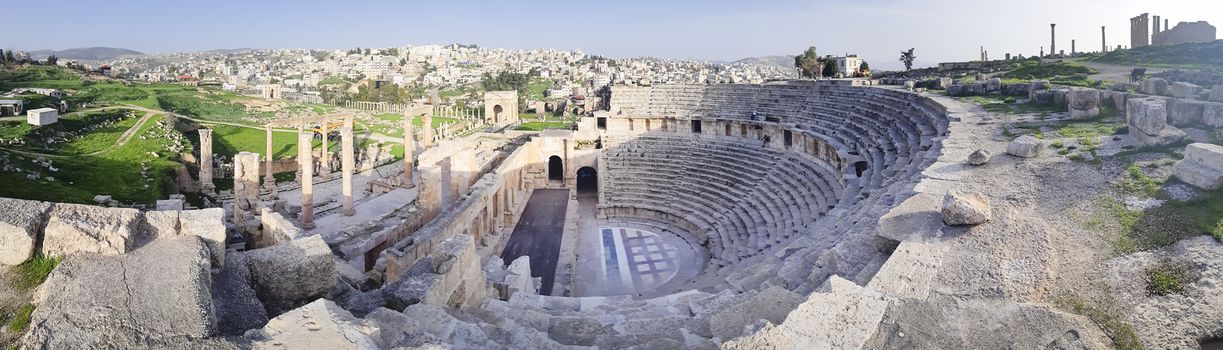 Panorama of Northern Theatre, Roman Ruins of Gerasa, at the historical site of Jerash in Jordan