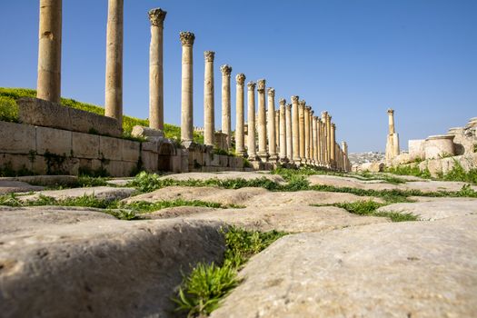 Pillars of the Colonnaded Street at the Roman historical site of Gerasa, Jerash, Jordan. Travel and Tourism in Jordan