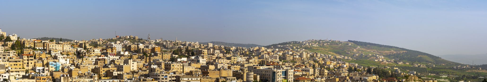 Jerash, Jordan, March 2020: panoramic cityscape of the skyline of the Jordanian city of Jerash