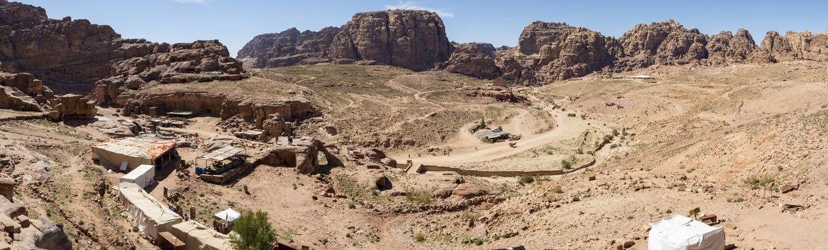 Petra, Jordan, March 2020: Panorama of Petra with street of facades and colonnaded street