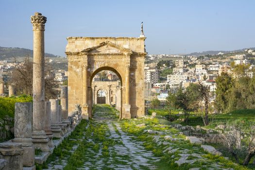 Northern gate of the roman ruins site at Gerasa, Jerash, Jordan. Travel and tourism in Jordan.