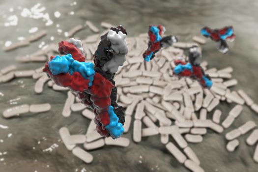 Antibodies to cell movement of the virus. 3D illustration.