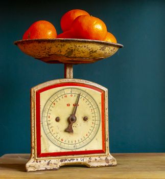 Weighing tangerines in a retro, vintage and worn out scale or balance, on a wooden plank against a guatemala green wall.