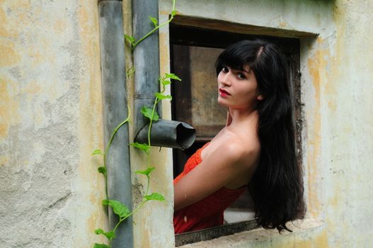 Beautiful brunette girl at the window