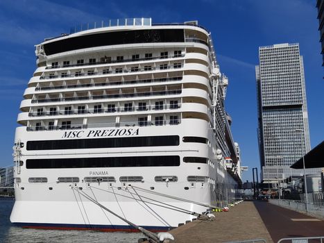 Rotterdam, Netherlands, September 2019: MSC Preziosa in the quay of the cruise ship terminal at Wilhelminapier of Rotterdam