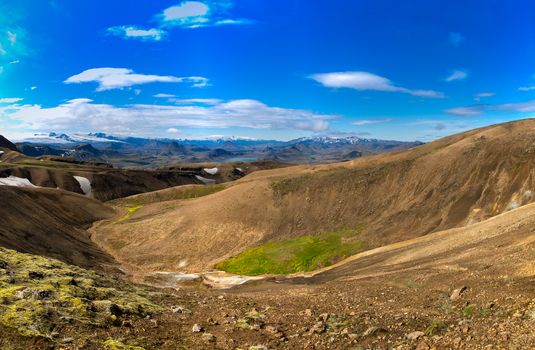 Panorama of the landscape in Iceland on the Laugavegur trekking route and hiking trail