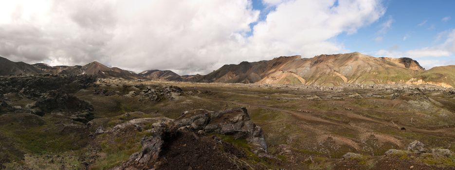 Panorama of the landscape in Iceland on the Laugavegur trekking route and hiking trail