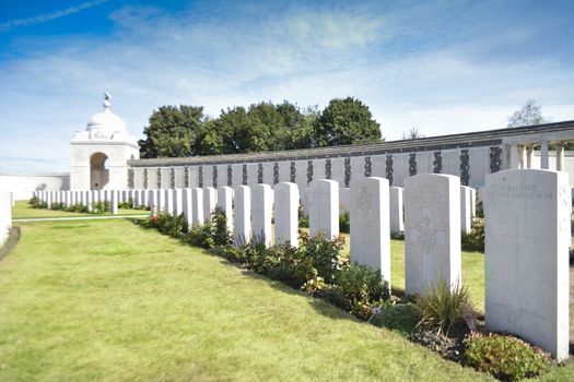 Ypres, Passchendaele, Belgium 08/2018: graves of Tyne Cot military cemetery.