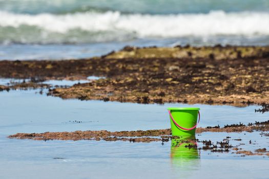 Green bucket on calm water rock pools by the ocean during mollusk foraging, Mossel Bay, South Africa