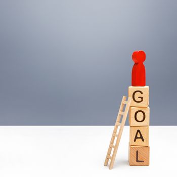 The red person climbed a tower of GOAL blocks. Developing strategy. Attracting investment and financial resources for a successful business startup. Using tools to solve problems, achieve success.