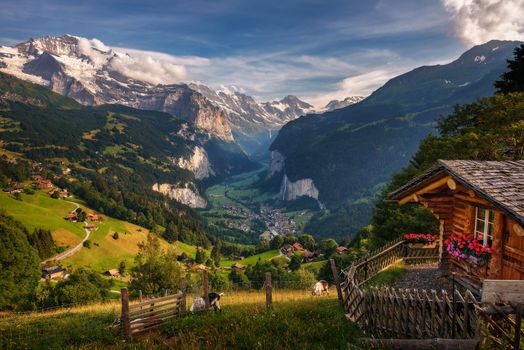 Lauterbrunnen valley located in the Swiss Alps near Interlaken in the Bernese Oberland of Switzerland, also known as the Valley of waterfalls. Viewed from the alpine village of Wengen.