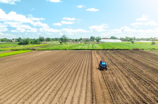 Farmer on tractor loosens and grinds the soil. Preparing the land for a new crop planting. Loosening the surface, cultivating the land. Farming and agriculture. agricultural sector of the economy.