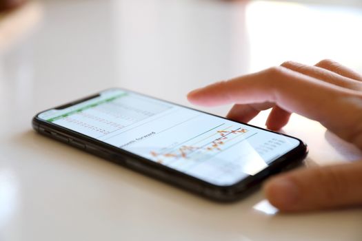 Female hand with smartphone trading stock online in coffee shop , Business concept