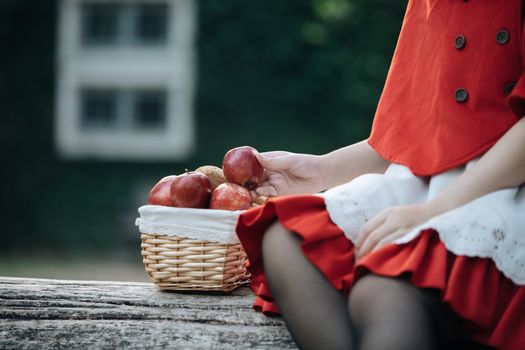 Portrait young woman with Little Red Riding Hood costume with apple and bread on basket sitting in green tree park background
