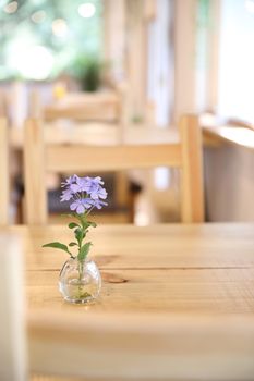 purple flower in jar on wood background in japanese restuarant