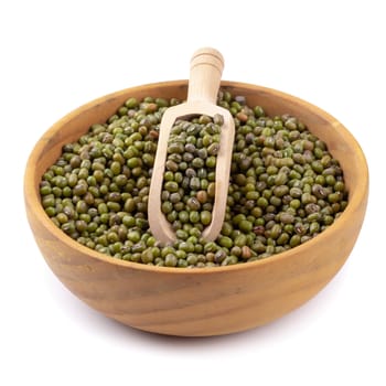 Raw mung bean or green bean in a wooden bowl isolated on white background.