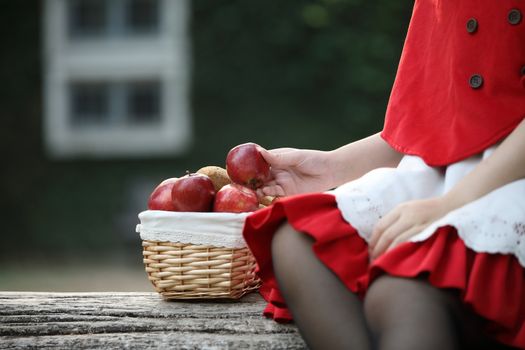 Portrait young woman with Little Red Riding Hood costume with apple and bread on basket in green tree park background