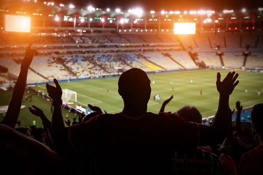 Silhouette of fan celebrating a goal on football match. Support team on soccer game.