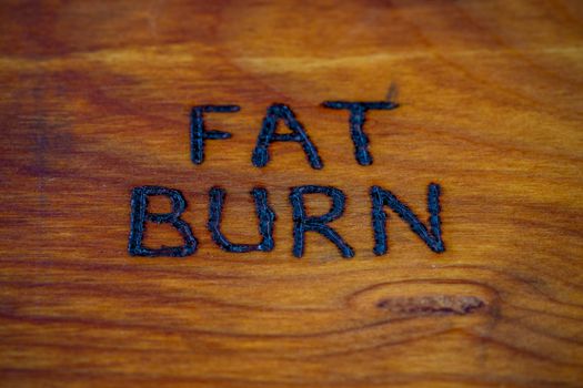 The words fat burn handritten on wooden surface with woodburner. Close-up with selective focus,