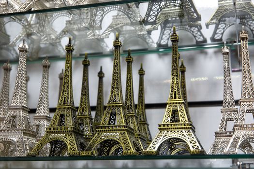 Gift shop in Paris. Small copies of the Eiffel tower