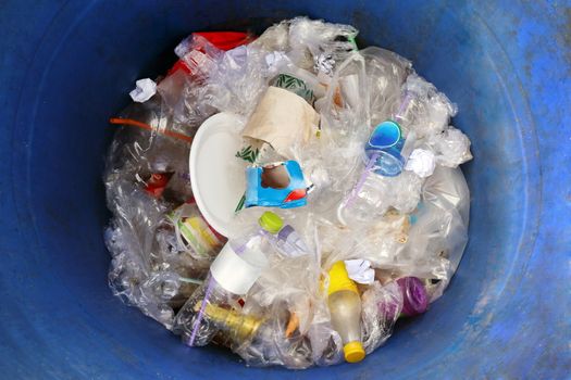 Waste, Bin garbage plastic bottle in the bin trash blue top view, Many garbage waste