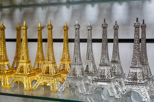 Gift shop in Paris. Small copies of the Eiffel tower