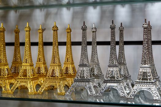 Gift shop in Paris. Small copies of the Eiffel tower