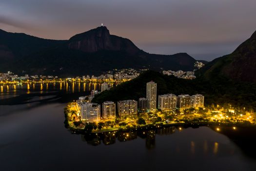 Elite Lagoa district in Rio de Janeiro. Night view from drone